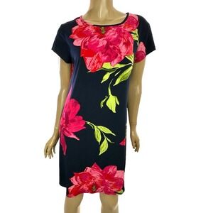 Tiana B Size 12 Pullover Sheath Dress Blue w Red Flowers Short Sleeves Polyester